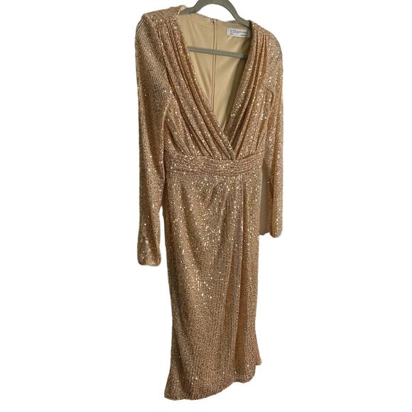 Ieena Mac Duggal 26555 Long Sleeve Sequin Midi Dress Side Slit Rose Gold Size 6 - Picture 4 of 15